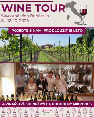 🍷 Wine Tour Skvostná vína Benátska – Prodloužte si léto a objevte chutě Benátska! Čeká vás 5 dní plných vína, gastronomie...