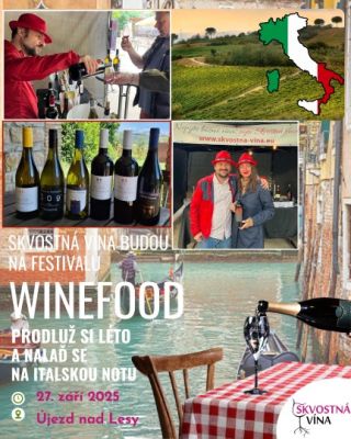 Skvostná italská vína v Újezdu nad Lesy! 📅 Sobota 27. 9. 2025 | 11:00–20:00 📍 ul. Čentická (u multifunkčního hřiště),...